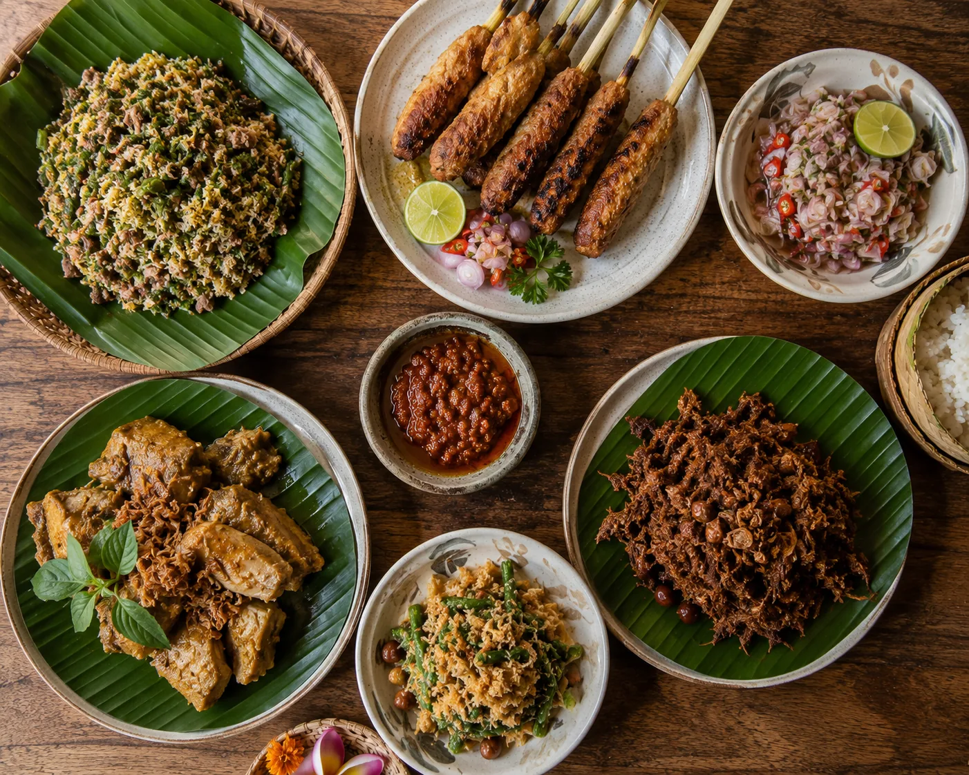 A flat-lay of Balinese dishes including lawar, sate lilit, and sambal matah