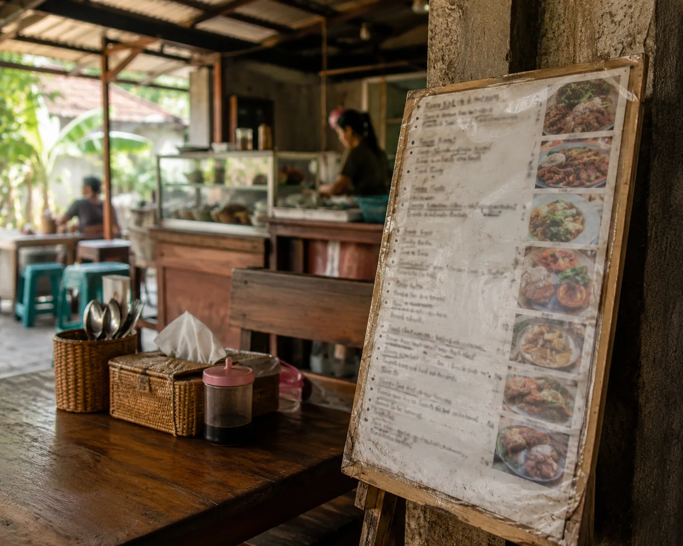 Everyday warung counter with a short handwritten menu